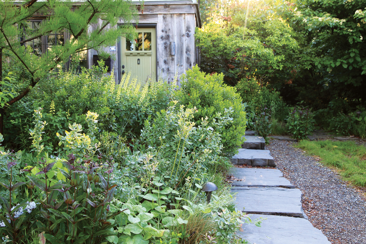 An ecologically vibrant front yard garden welcomes guests with a path made from sustainable materials to this eco-friendly house outside Philadelphia.