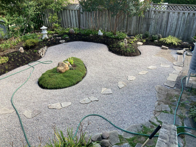 Japanese dry garden with new plants