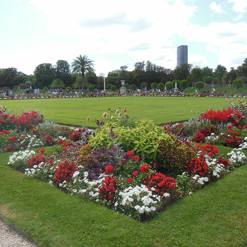 Jardin du Luxembourg flower beds with red and white plants